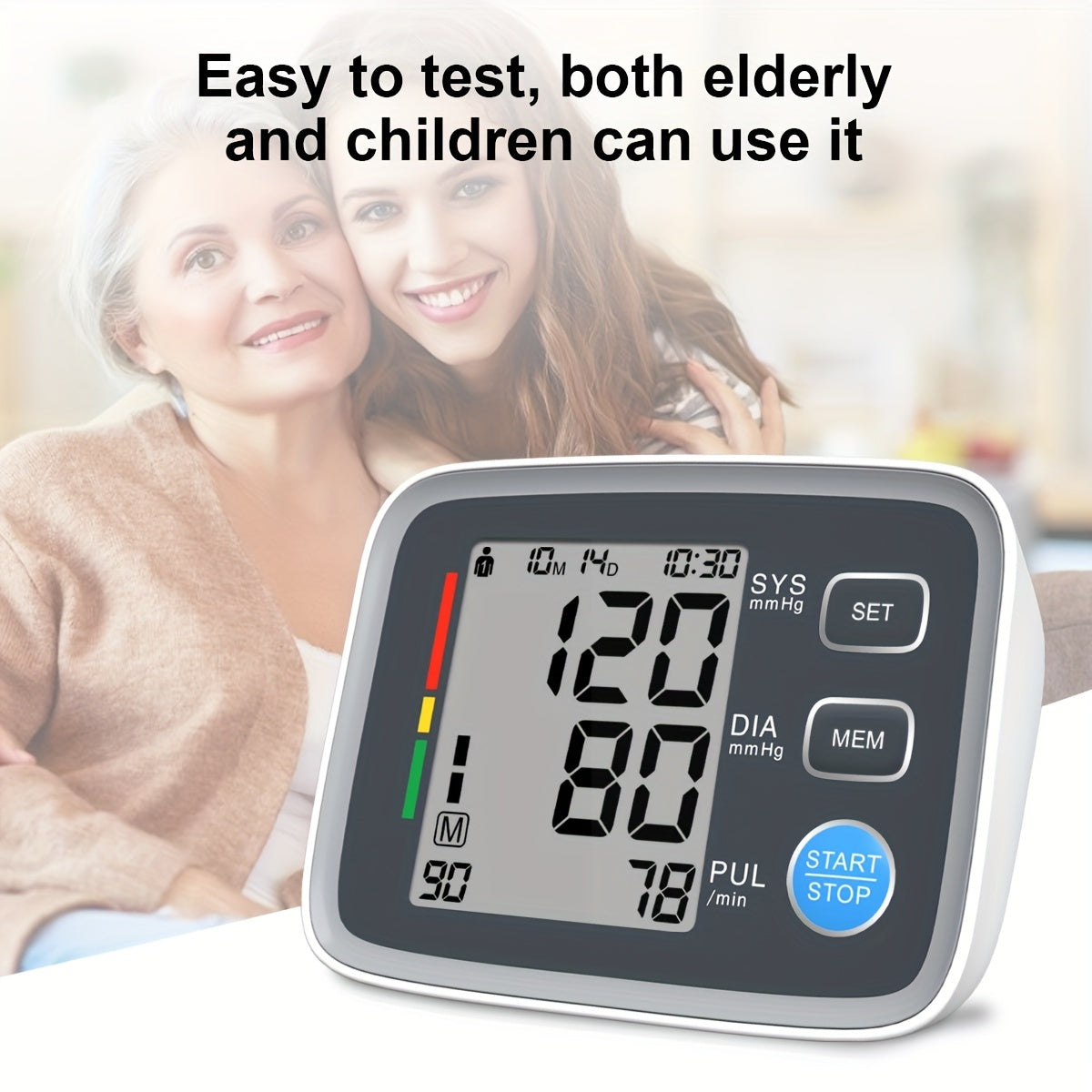 Home blood pressure monitor with automatic upper arm cuff and digital display, includes cuff for arm sizes 22.1-43.18cm.