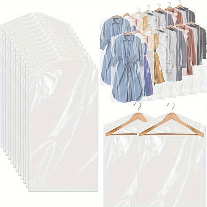 50 clear plastic garment bags for hanging storage, ideal for keeping your clothing dust-free and organized in the bedroom or home. Perfect for essential storage needs.