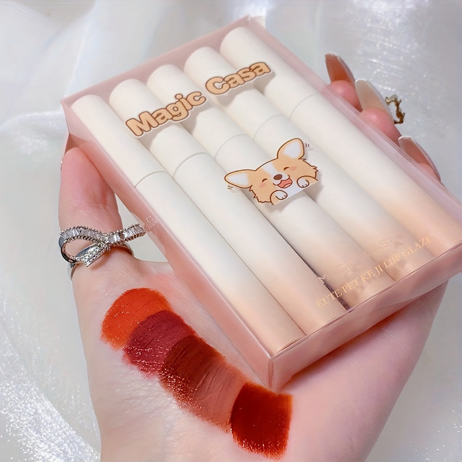 Matte velvet lip gloss set with 5 long-lasting colors for students, waterproof and non-fading, with Koji finish in PVC box packaging.