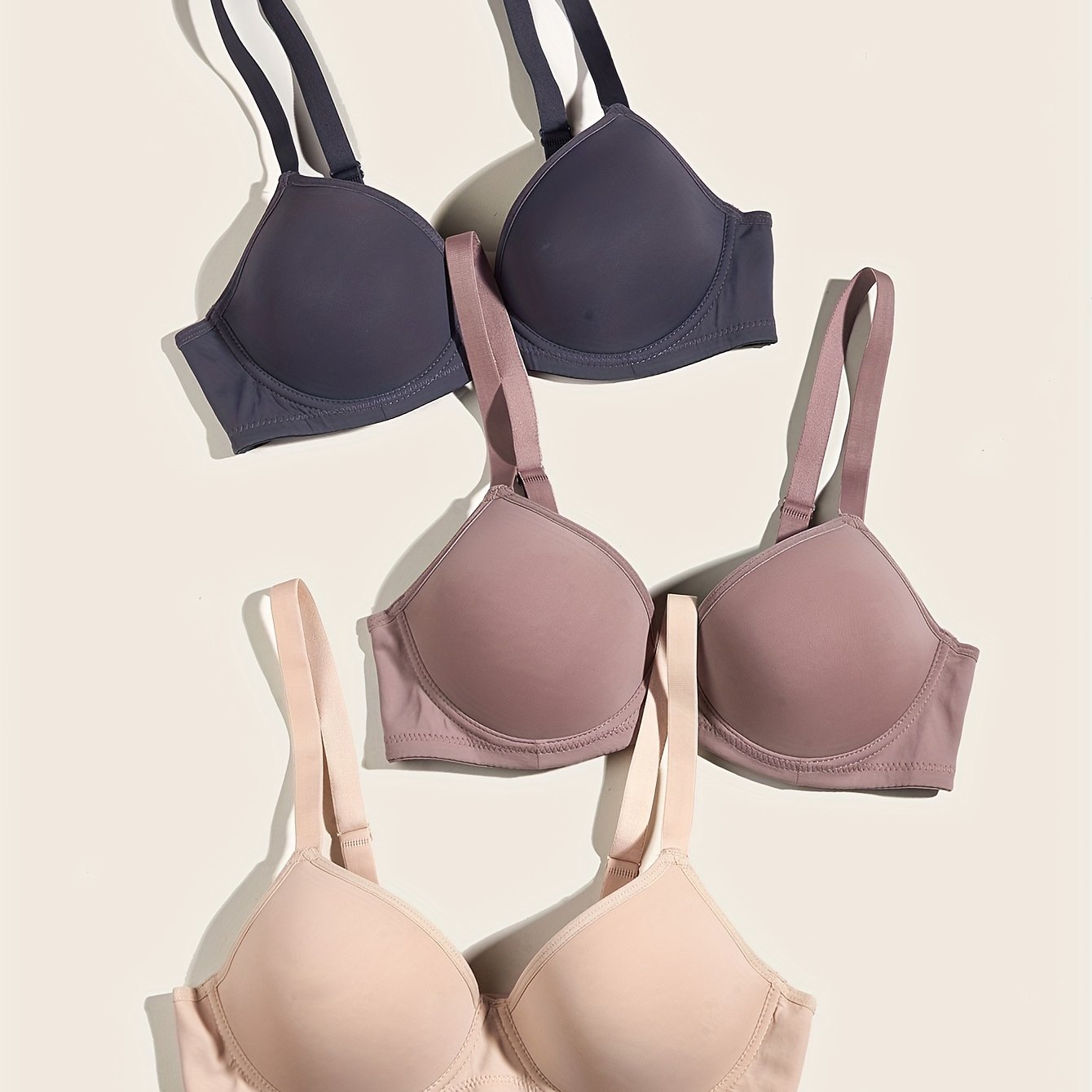 3 Simple Solid T-Shirt Bras: Comfy, Breathable Push Up Style for Women's Lingerie