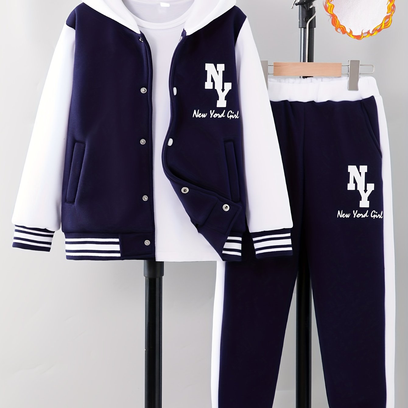 NY Letter Print Girl's Prep Outfit: Color Block Varsity Jacket + Sweatpants Set for Stylish Fall/Winter Wear