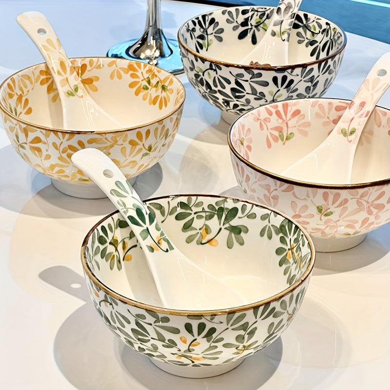 Set of 4 ceramic bowls with floral patterns, versatile for various dishes, safe for dishwasher, oven, and microwave.