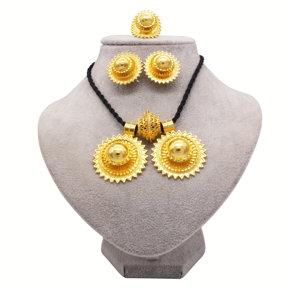 Luxury jewelry set includes four pieces: a necklace, earrings, and a ring plated in multiple colors. Perfect for evening parties and traditional bridal accessorizing. Choose from a variety of colors.