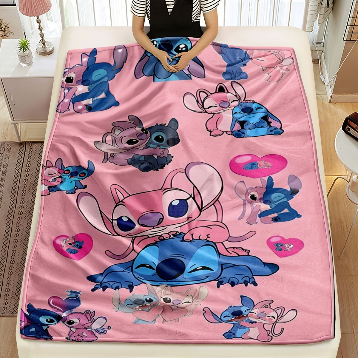 Pink Heart Stitch Cartoon Blanket - Multi-functional Knit Polyester Throw suitable for Every Season, Ideal for Bedroom, Couch, Car, and Journey