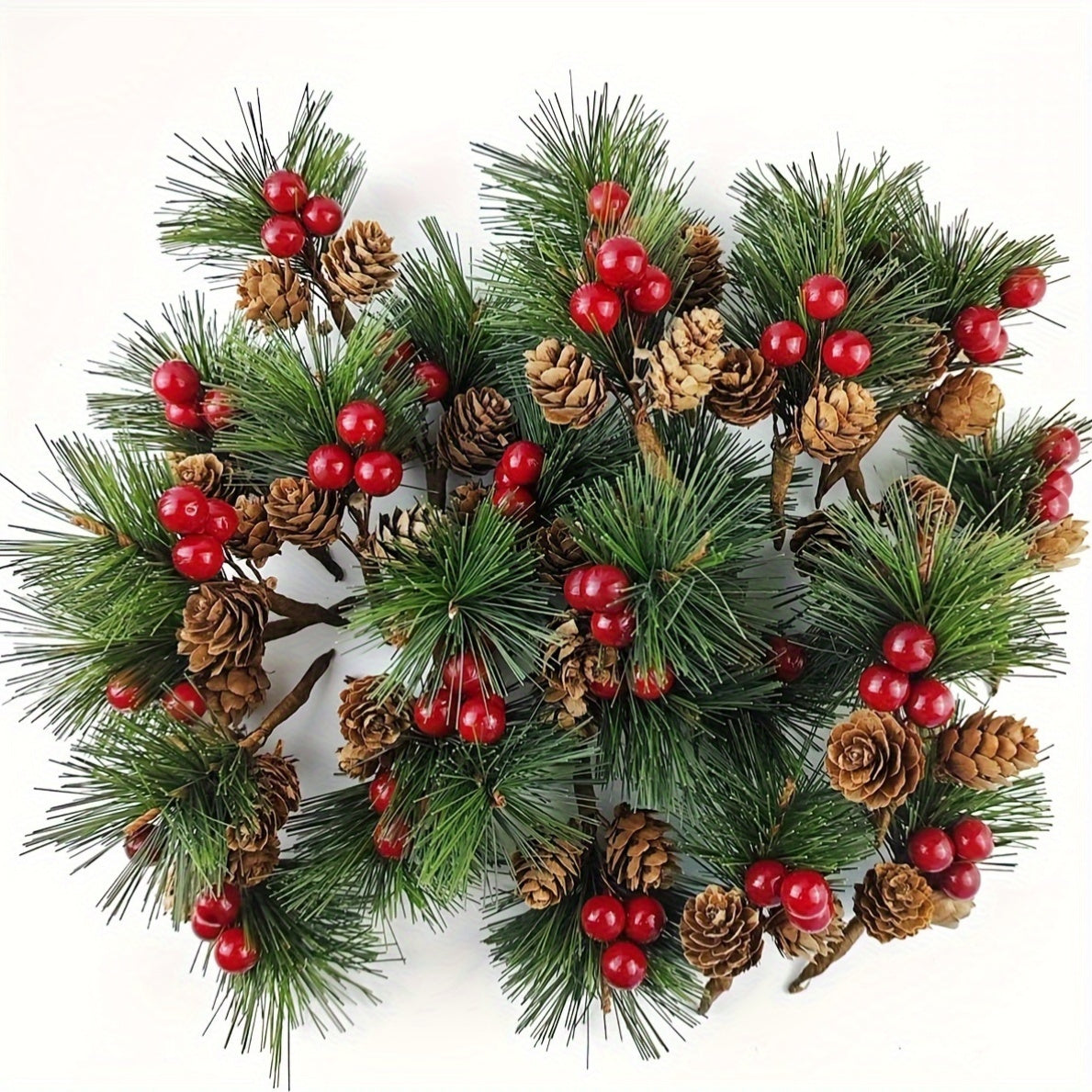 24 artificial pine picks with red berries and pinecones, perfect for DIY wreaths and seasonal decor.