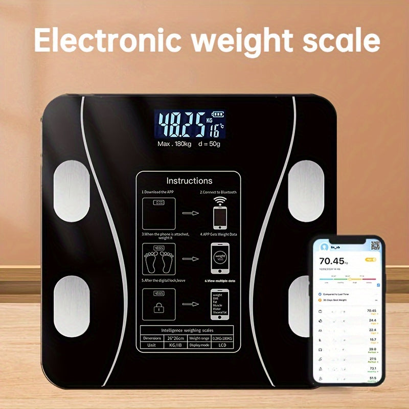 Smart weight scale with wireless connectivity and battery power, suitable for home and office use. Includes AAA non-rechargeable battery, perfect as a holiday gift.