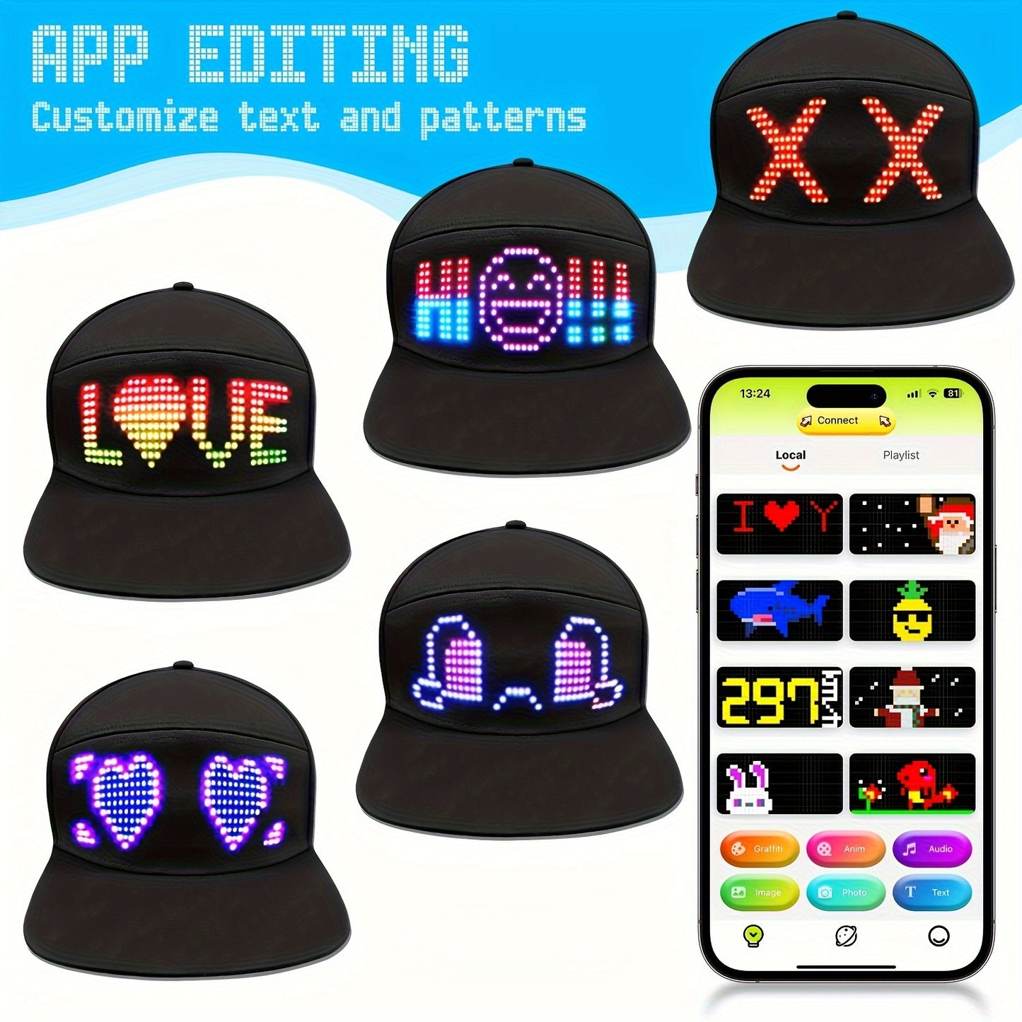 OWNZNN LED Light-Up Baseball Cap with full color matrix display, wireless app control, customizable messages & animations, USB charging, lightweight design. Perfect for outdoor events