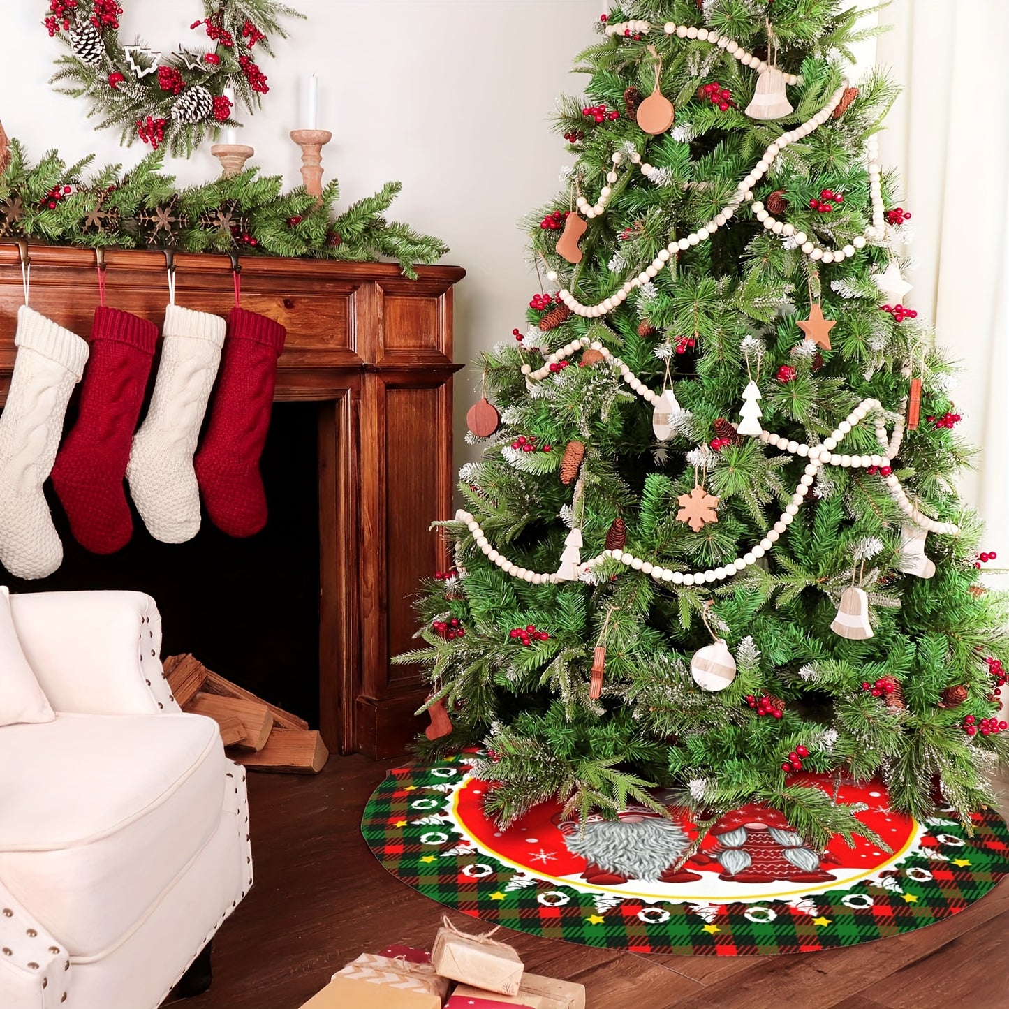 Festive Santa Claus snowflake Christmas tree skirt - Ideal for holiday parties and home decor.