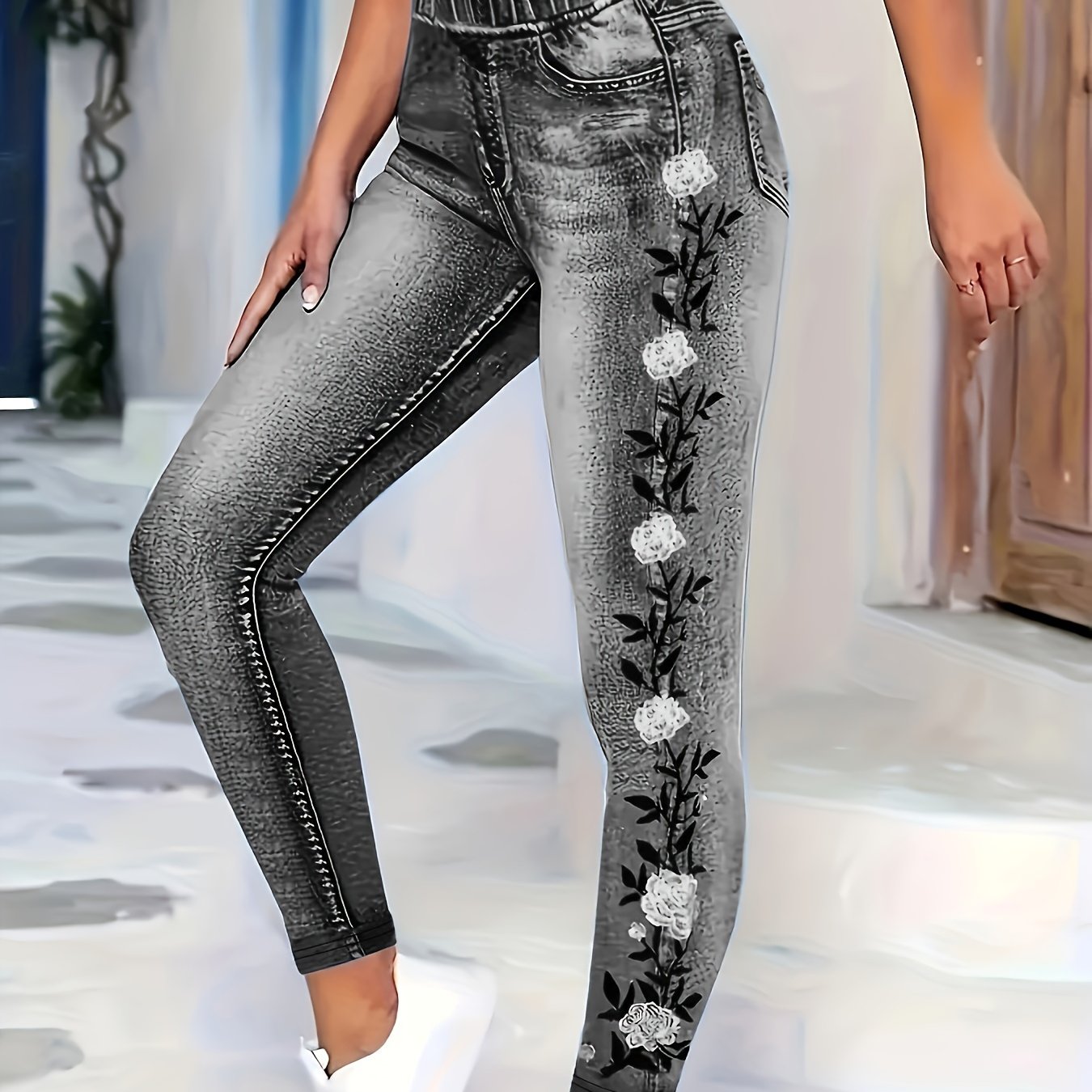 High waist leggings with faux denim print for daily wear.