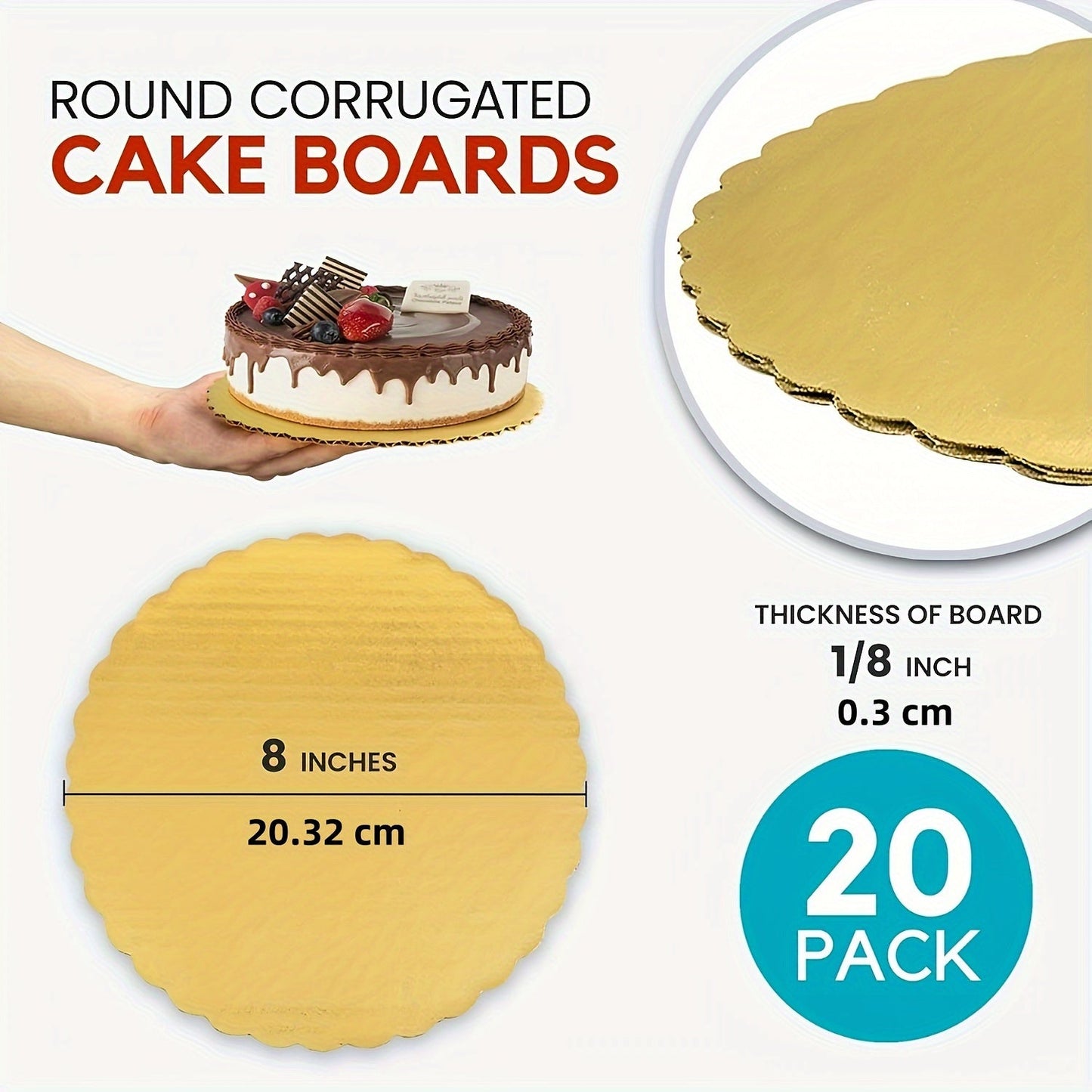 20 pieces of Cake Golden Cardboard Disposable Cake Bottoms in sizes of 15.24/20.32/25.4/30.48 cm. Perfect for displaying desserts and pastries, these pizza circles are grease proof and moisture resistant. Ideal for Christmas, birthdays, and weddings.