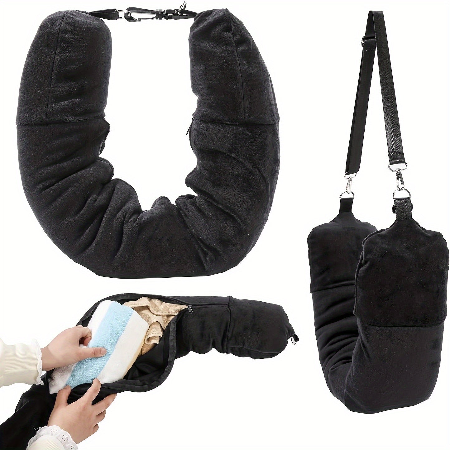 Travel in comfort with this lightweight, soft U-shaped travel pillow. Features include a storage pocket, machine washable design, adjustable firmness for whole body support, and a woven polyester cover. Convenient for all your traveling needs.