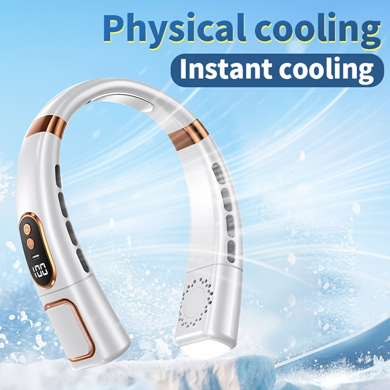 Stay cool and comfortable on-the-go with the JKUOO Portable Neck Fan. This bladeless fan is rechargeable and features dual wheels, an LED display, neck support, and hands-free wear for outdoor sports and travel. Perfect for personal use, this fan is a