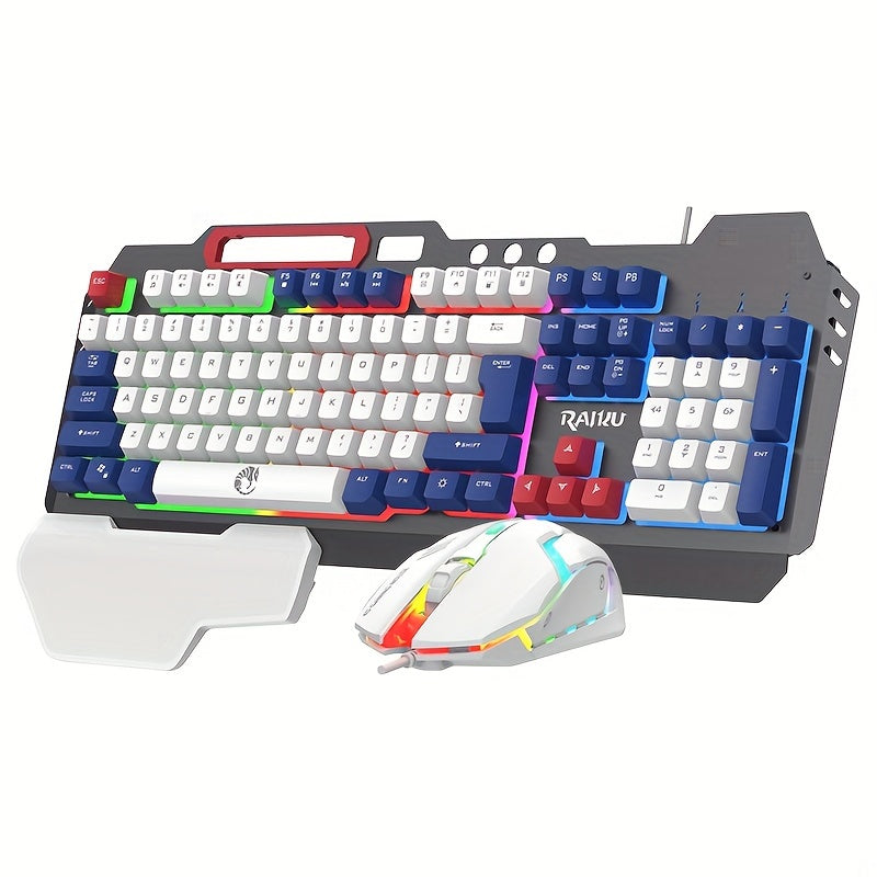 Three colors block wired gaming keyboard and mouse set with optical backlit keyboard for gaming, office, and laptop use.