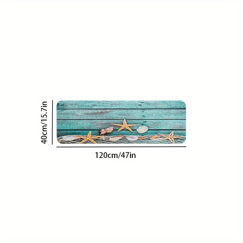 Soft, non-slip, waterproof floor mat with starfish print. Machine washable and dirt-resistant. Suitable for kitchen, living room, laundry, bathroom. Dimensions: 39.88*149.86cm.