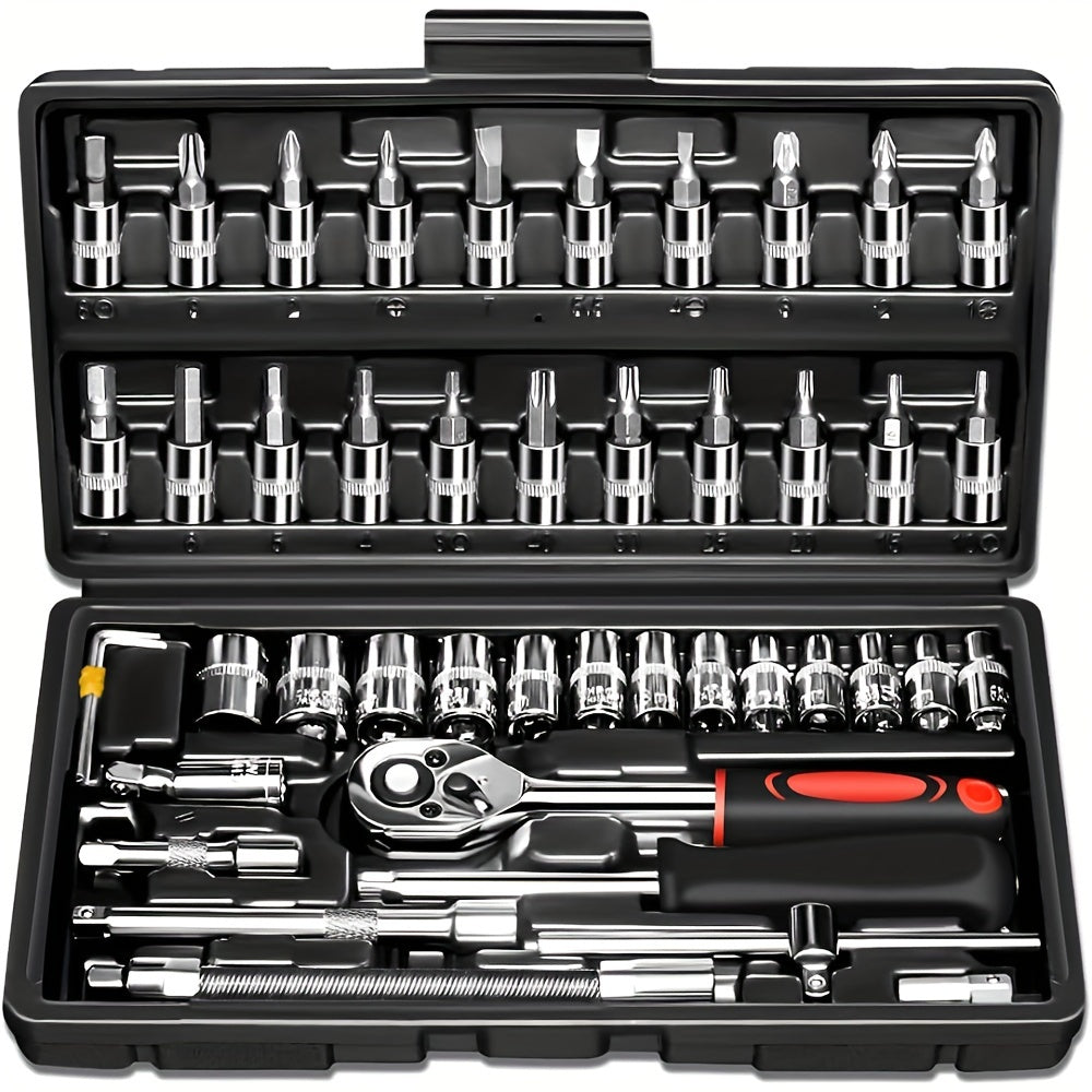 A comprehensive 46-piece professional sleeve set featuring an iron ratchet wrench with a 1/4 inch drive, versatile multi-function screwdriver head sleeve, precise metric measurements, and a convenient extension rod. Ideal for car repair and maintenance