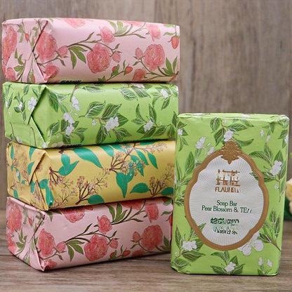 Fragrant soap infused with essential oils, featuring spring tea, peony, and sandalwood, suitable for face, bath, and hand washing.