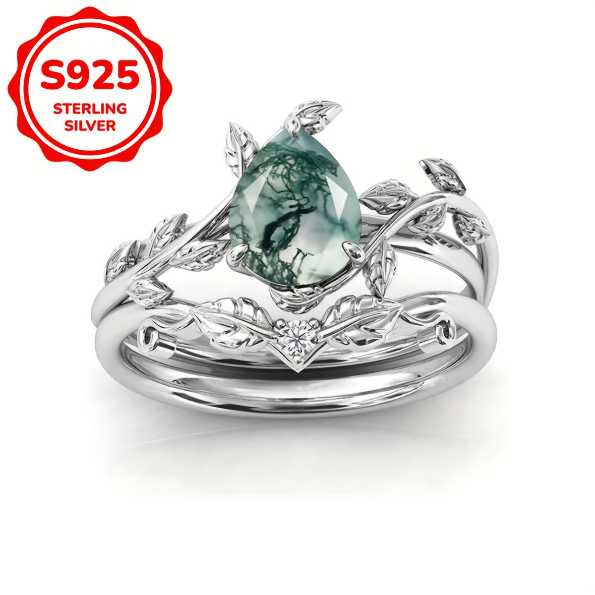 Boho Chic Promise Ring Set with Moss Agate Stone in 925 Sterling Silver, Silver-Plated, Perfect for Women's Engagement or Wedding Jewelry