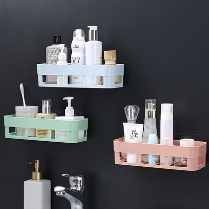 Durable Plastic Wall-Mounted Bathroom Organizer Shelf with Self-Adhesive No-Drill Installation - Ideal for Storing Shampoo, Shower Gel, Plastic Shower Caddy, and Dish Sponge Holder. No Electricity Required.