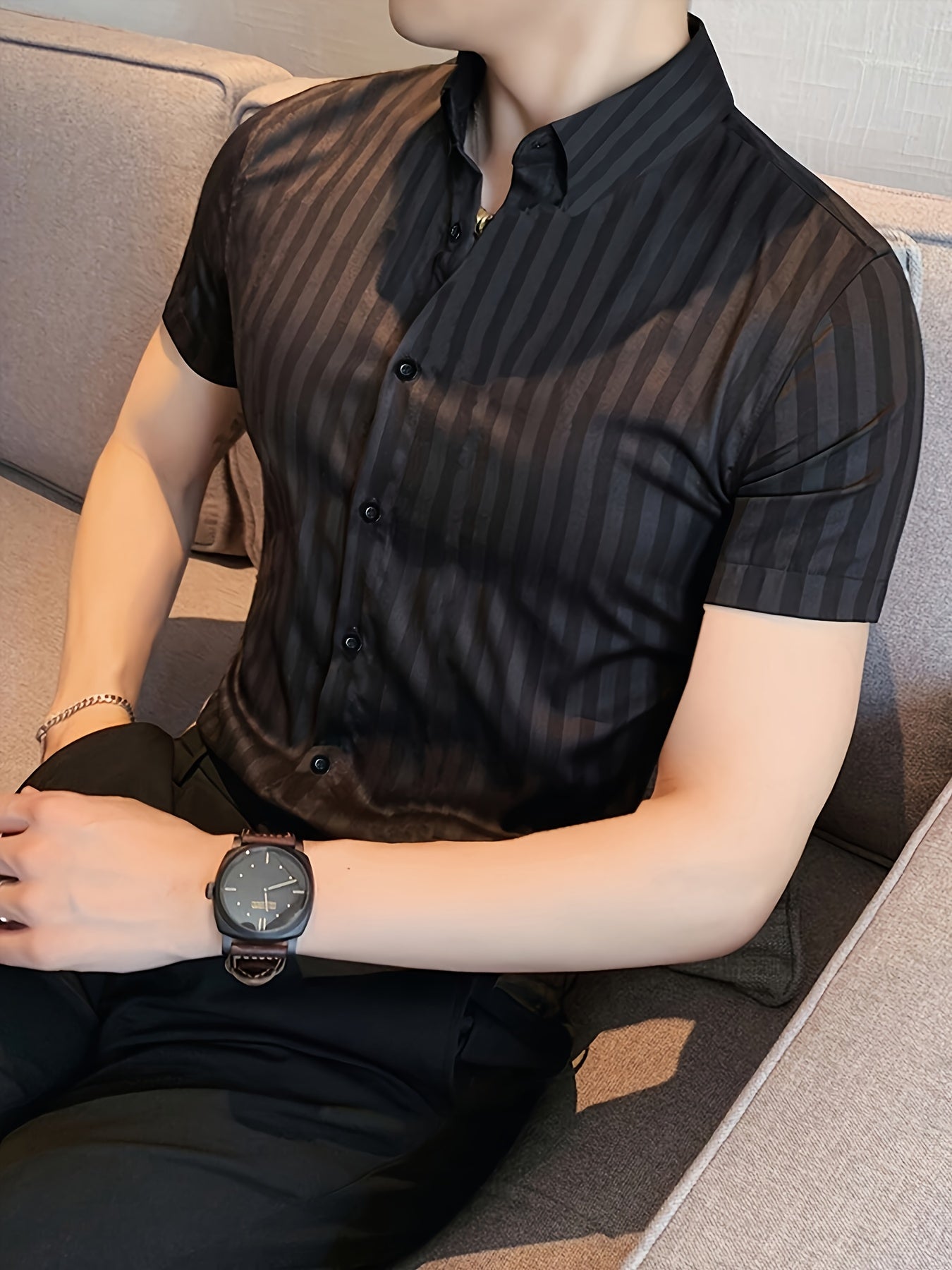 Men's Summer Striped Business Shirt, Short Sleeve Button, Regular Fit, 95% Polyester 5% Elastane, Work Style, Lapel Collar, Lightweight - Casual Workwear