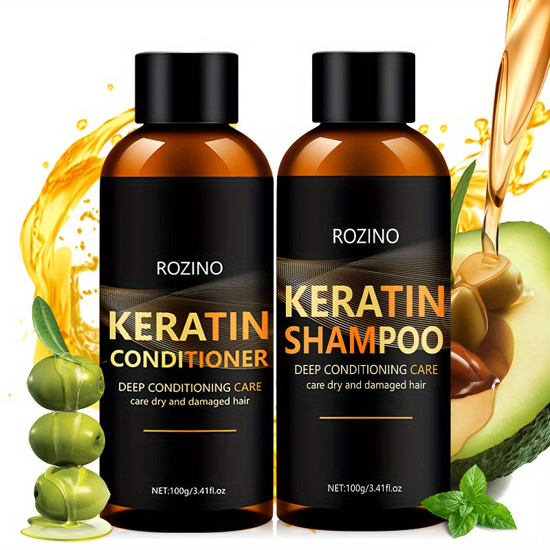 ROZINO Keratin Shampoo and Conditioner Set: Deeply conditions and cleans dry hair, unisex, glycerin-enriched for smooth, silky finish with long-lasting hydration and scent.