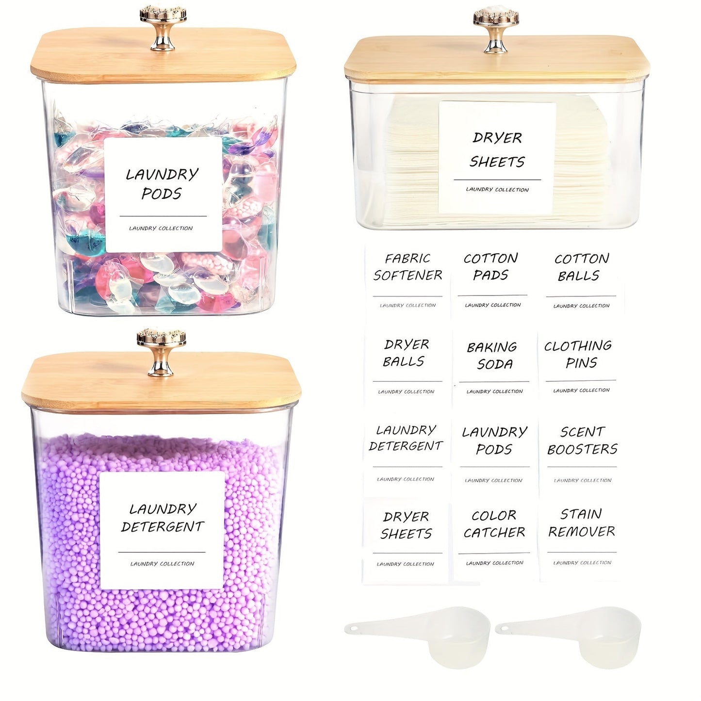 Set of 3 Plastic Storage Containers for Laundry, Clear Jars with Lids for Laundry Pods & Dryer Sheets, Includes Scoops & Labels, No Power Required, Ideal for Detergent, Powder, Dryer Balls, Beads, Laundry Organization