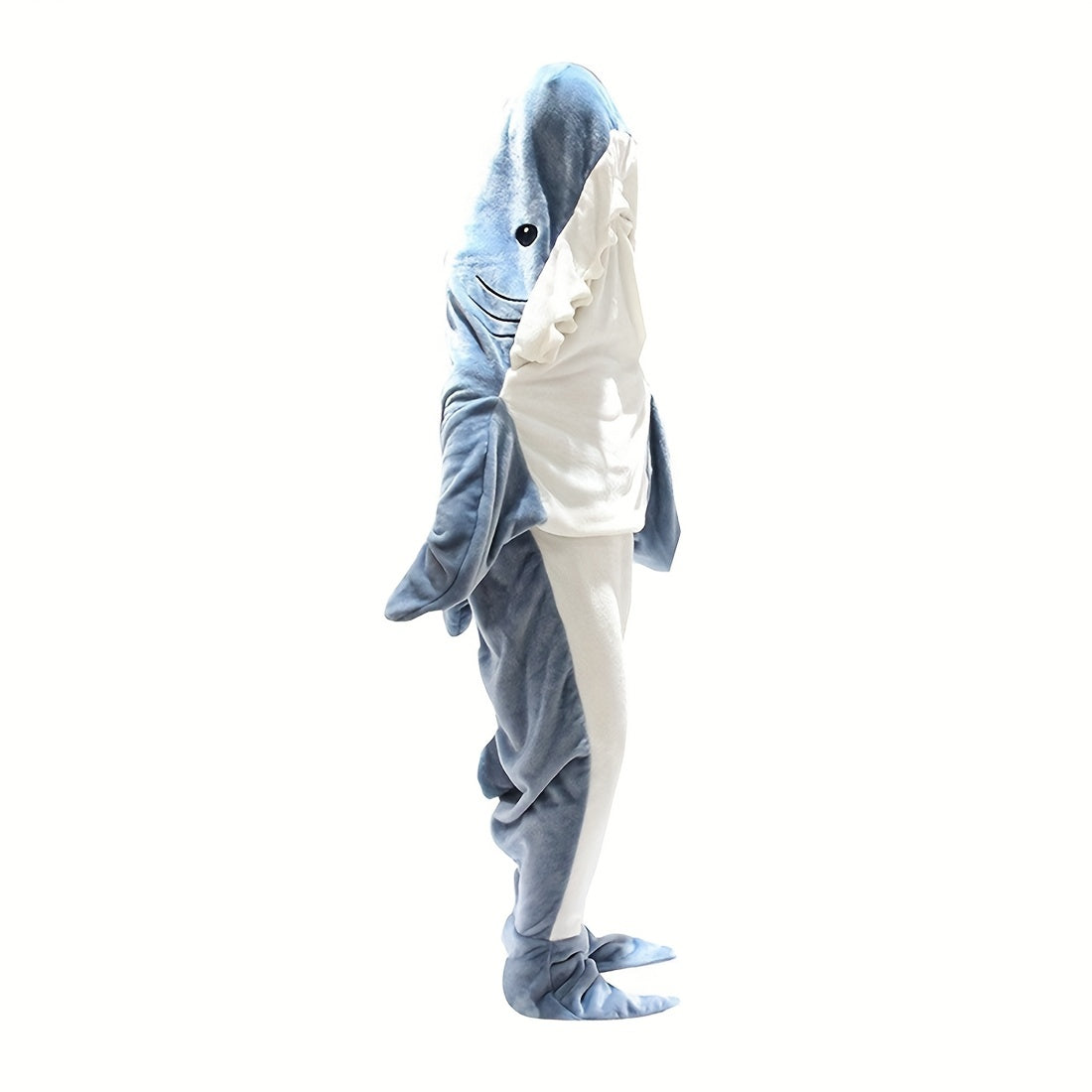 Stay cozy in this adorable shark-patterned blanket hoodie designed for adults. This cute and funny blue shark flannel blanket features a cartoon animal design perfect for lounging on the sofa, in bed, or even while camping in your car. A great gift idea