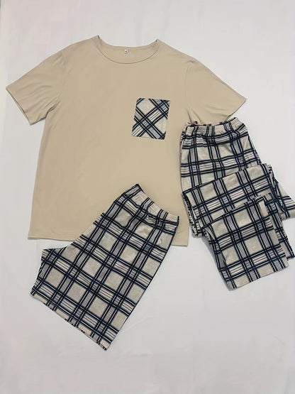 3-piece Plaid Pajama Set, short sleeve crew neck top with pocket, 100% knit polyester, all-season comfort, regular fit bottoms, medium stretch, no belt, 180gsm.