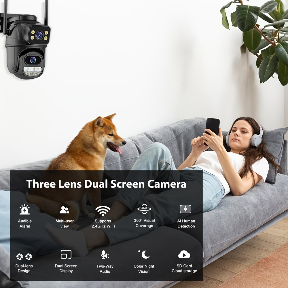 4K dual lens PTZ dome camera with WiFi, wall hanging, Alexa & app control, motion detection, two-way audio, night vision, and auto pan-tilt function. Non-waterproof with Type C plug.