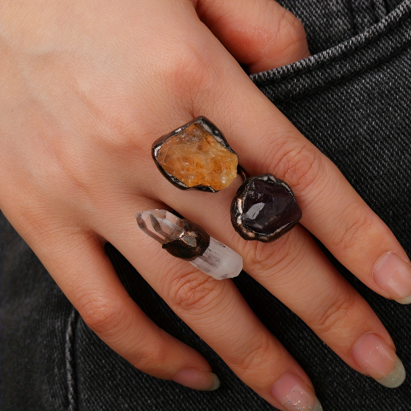 Handmade from natural crystals, this one-of-a-kind ring showcases a beautiful mix of light and dark colors, random shapes, and unique fluff and sand cracks. These characteristics are not flaws, but rather natural phenomena that make each piece truly