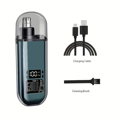 Men's USB rechargeable nose and ear hair trimmer with mini compact design. Fast charging via computer and car USB interface. Suitable for ages 14+. Made of plastic.