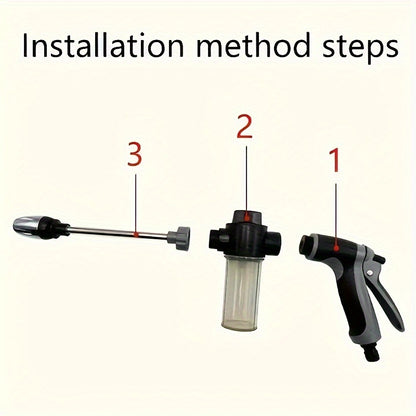 A high-pressure car wash gun with multifunctional garden hose nozzle, adjustable thickened rod sprayer with copper-plated tip, and universal 3/4" and 1/2" quick connect adapters for