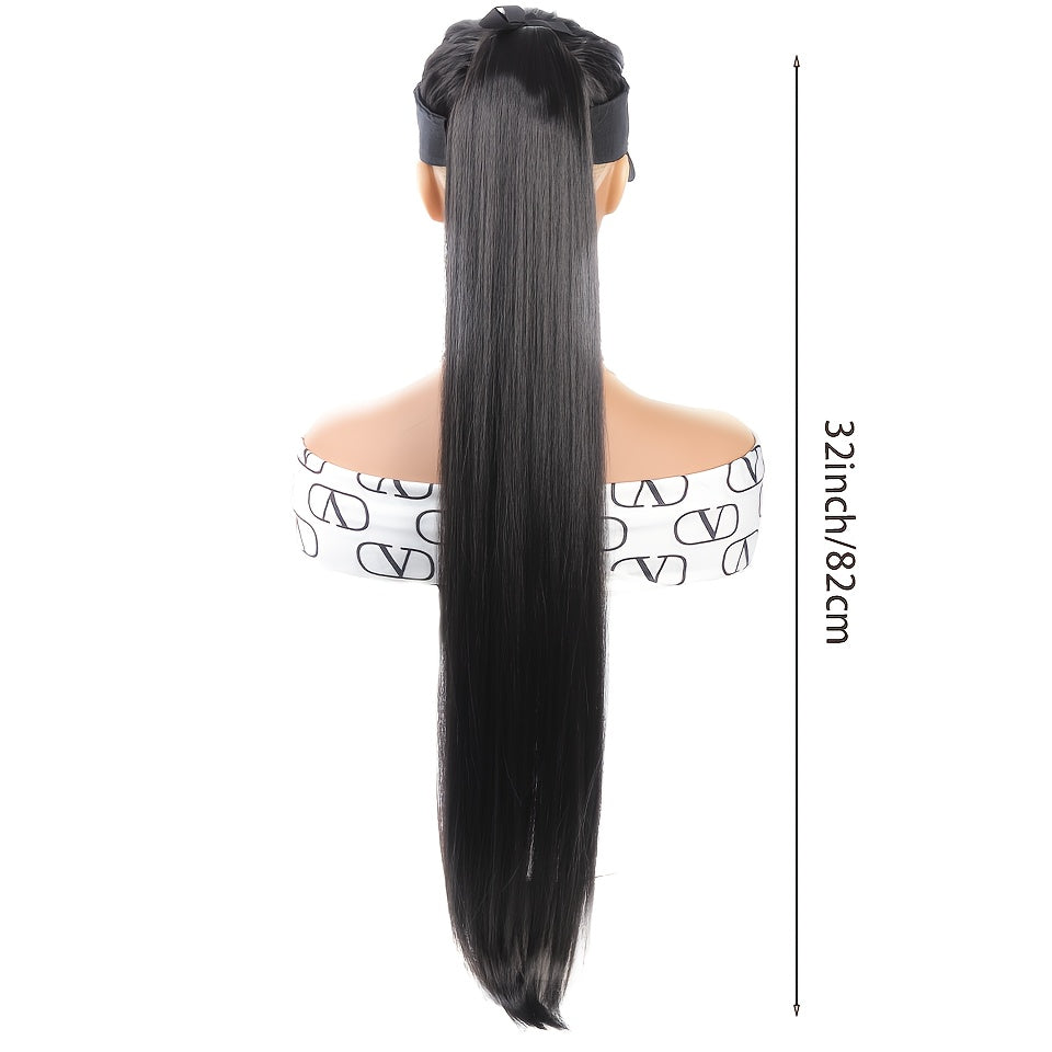 81.28 cm Black Synthetic Straight Ponytail Hair Extension, Drawstring Style for Women