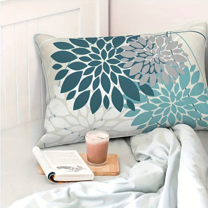 Teal Blue Decorative Pillow Covers - 30.48x50.8 cm, Modern Farmhouse Geometric Floral Design, Linen Square Case, Reversible, Machine Washable, Zipper Closure, Ideal for Couch, Bedroom, and Outdoor Use