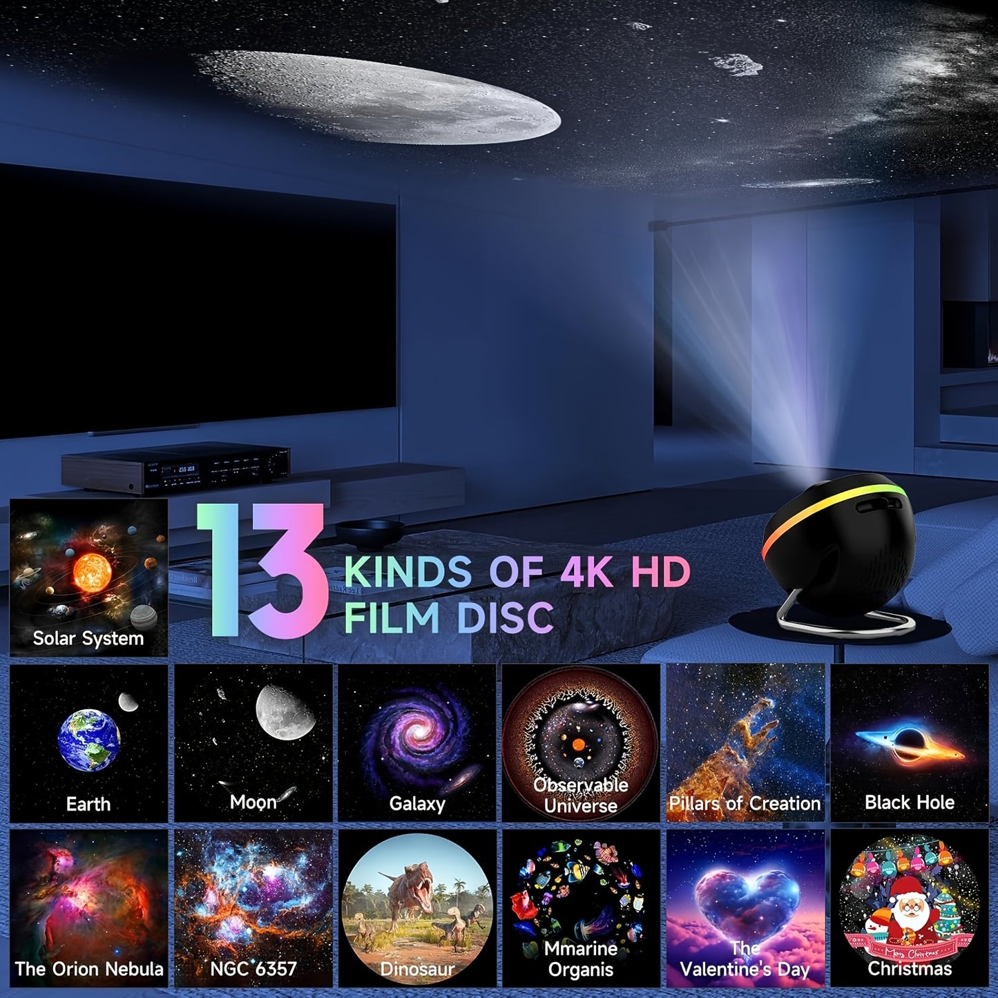 Galaxy Meteor Projector Night Light with Timer for Bedroom & Home Theater, USB Powered, HD Nebula Lamp, Adjustable Brightness, Space-Themed Visual Effects, Celestial Room Ambiance, Sleek