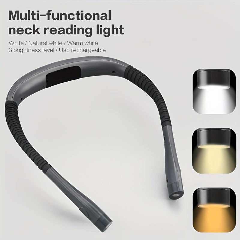 Flexible LED neck light with 3 color modes, adjustable brightness, long-lasting battery, and USB rechargeable. Perfect for bedtime reading, knitting, camping, and more.