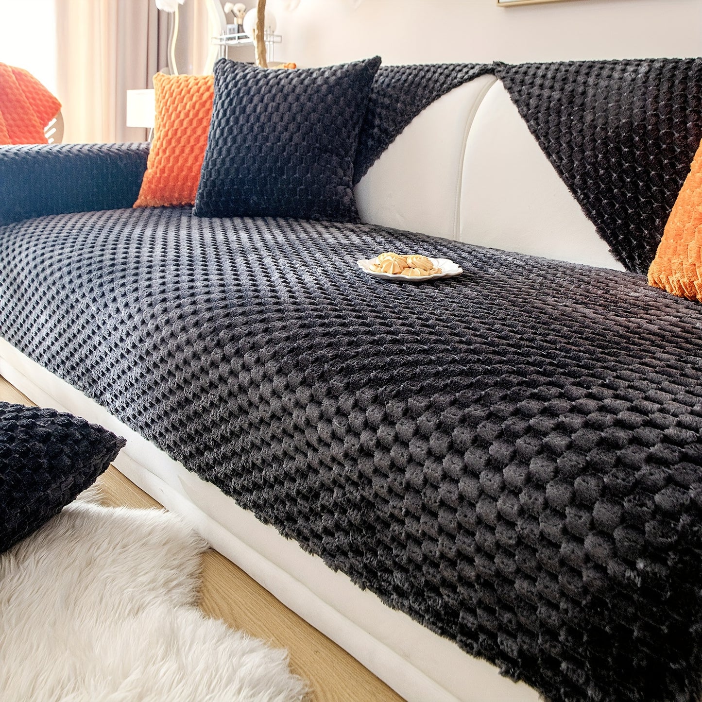 Honeycomb velvet sofa cover, pet-friendly furniture protector for all rooms.