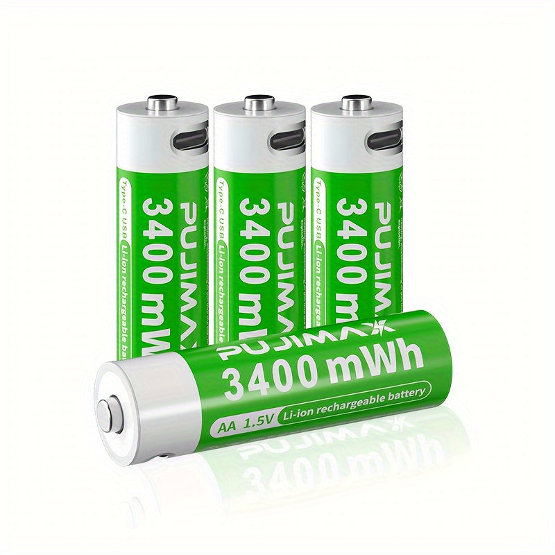 PUJIMAX 1.5V AA 3400mWh Rechargeable Batteries available in sets of 2, 4, or 8 with fast Type-C charging and long-lasting power for electronics. Features green battery design and durability.