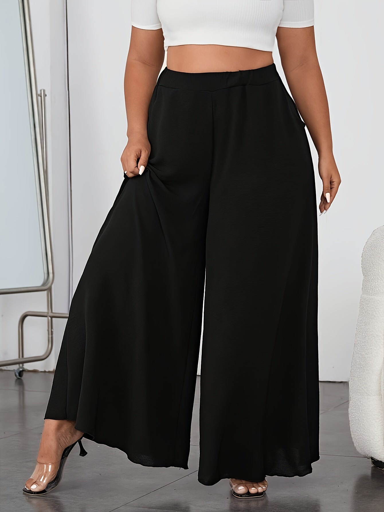 Elegant Elastic Waist Wide Leg Pants with Solid Pocket for Spring & Summer, Women's Plus Size Clothing.