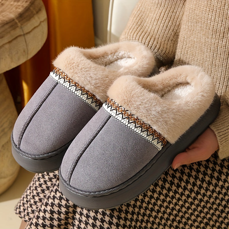 Women's cozy slippers with plush lining, non-slip EVA sole, soft fabric, casual style, hand wash only, solid color, all-season wear, no print.