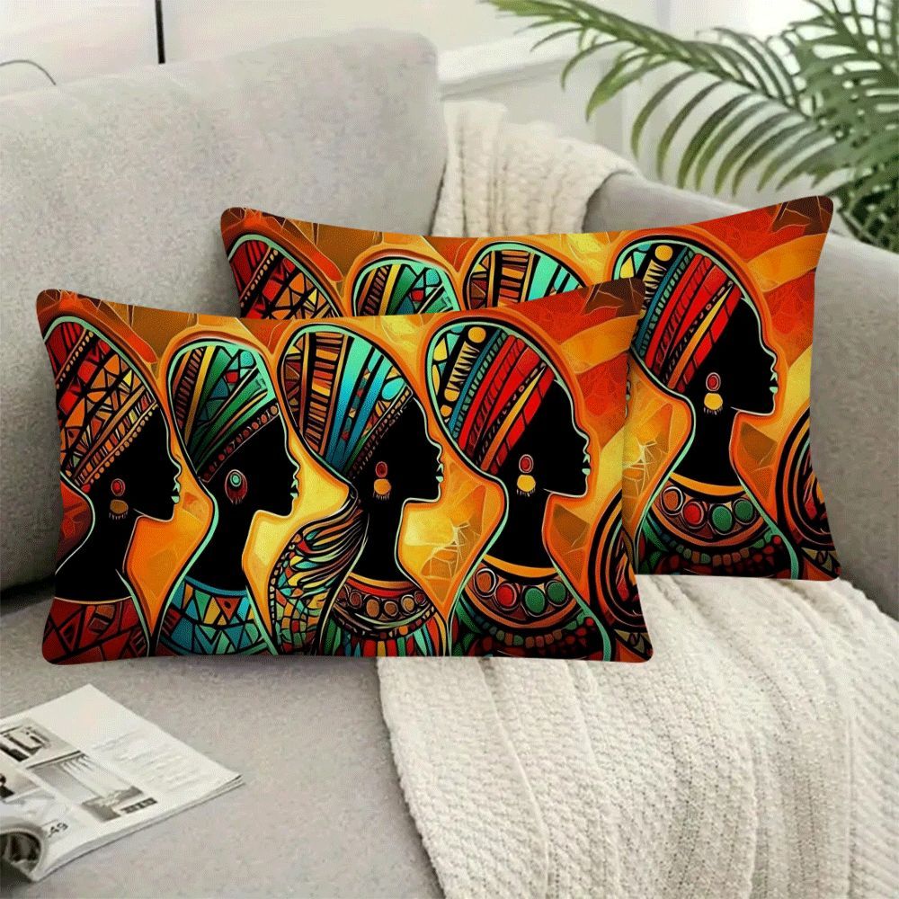 Two pieces of vintage African tribes abstract flannel cushion covers, measuring 50.8x30.48 cm. These covers are designed to be friendly for multi-position sleepers and are machine washable with a zipper closure. Ideal for use on the sofa, bed, or while