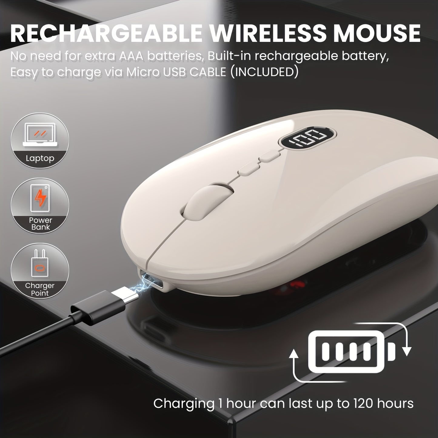 ZIYOULANG Wireless Lightweight Mouse with Battery Display Screen, Rechargeable Cordless Silent Click Computer Mouse Up to 1600 DPI - Slim Portable Design for Laptop and PC/Mac/Macbook