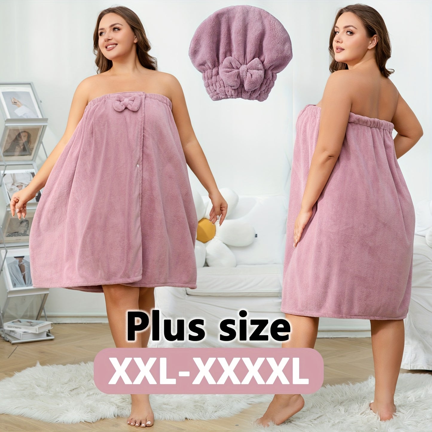 Luxurious 2-piece set: Oversized bathrobe with hook-and-loop closure, includes shower cap. Ideal for XXL-4XL sizes, great for home, travel, or as a Christmas gift.