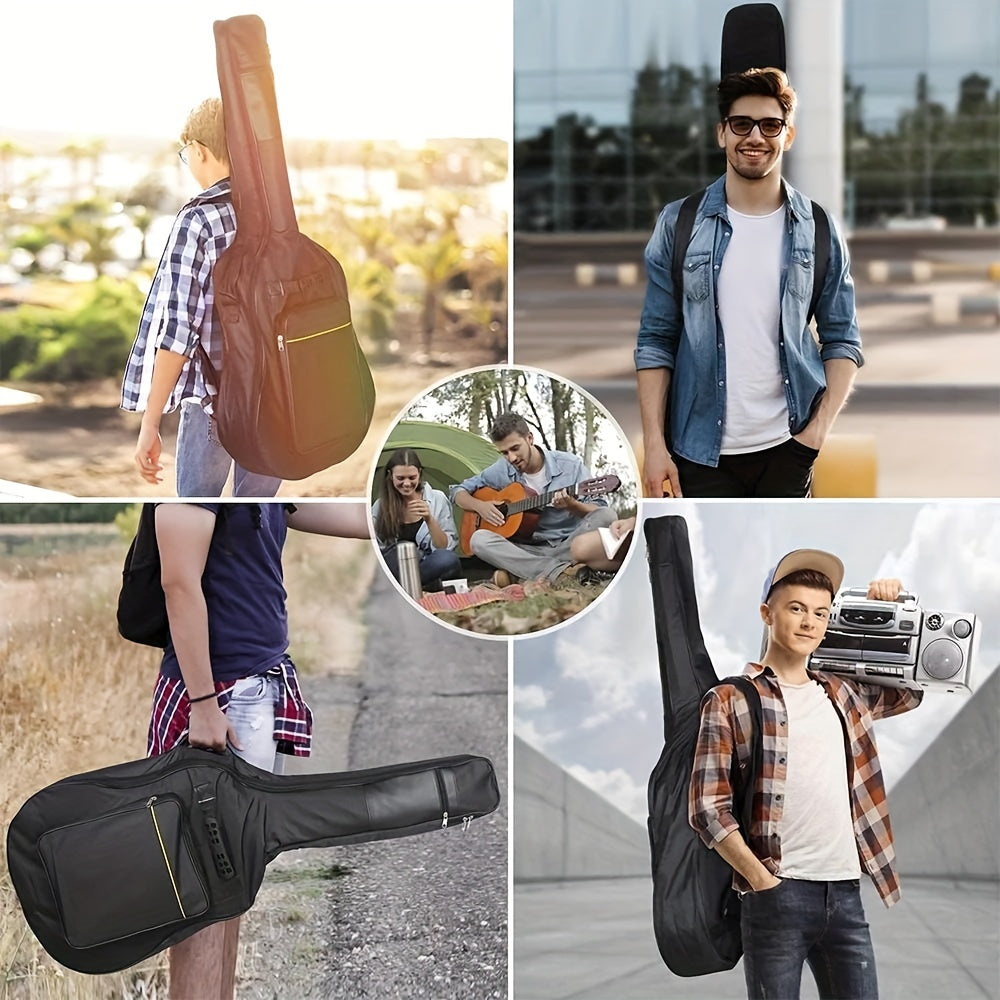 Waterproof padded acoustic guitar bag with dual shoulder straps, made of Oxford cloth.