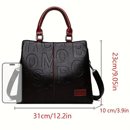 Women's Fashion Tote Bag with Embossed String Pattern, Red & Dark Brown PU, Zip Closure, Polyester Lining, Removable Strap, Dry Clean Only