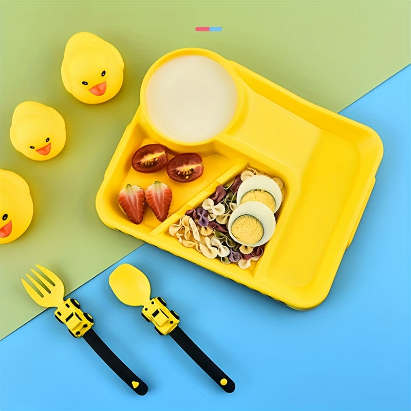 Easter Gift Set: Children's Cartoon Racing Dinner Plate with Fork, Spoon, and Baby Self-Feeding Cutlery. Includes Food Supplement Divided Bowl and Non-Slip Dinner Plate with Suction Cup.