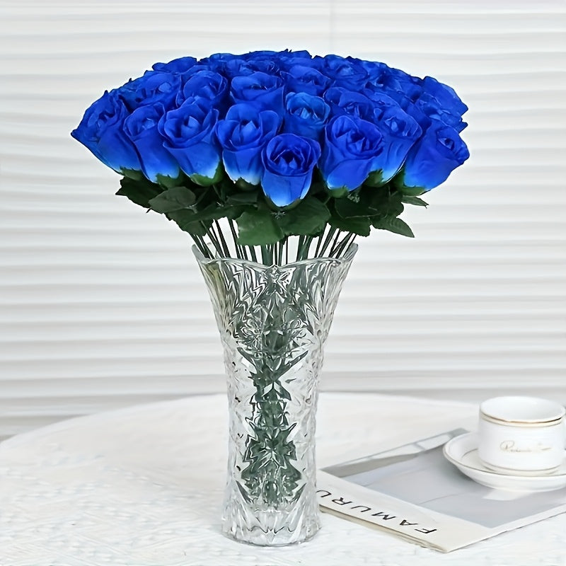 Artificial blue rose bouquet of 10pcs, lifelike touch, versatile plastic flowers for home decor and special celebrations, vase not included.