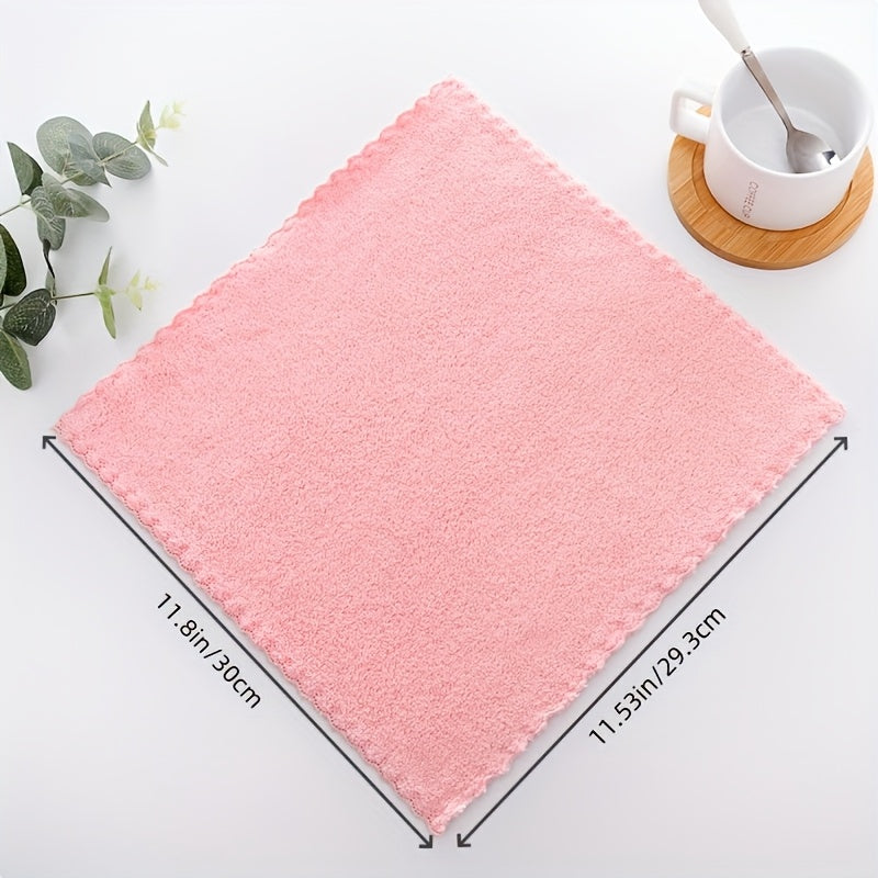 Set of 4 Coral Fleece Square Towels with Lace Trim, Luxuriously Soft and Absorbent Kitchen Cleaning Cloths, Lightweight Knit Hand Towels for Various Living Spaces, Modern Terrycloth Napkins for Everyday Use