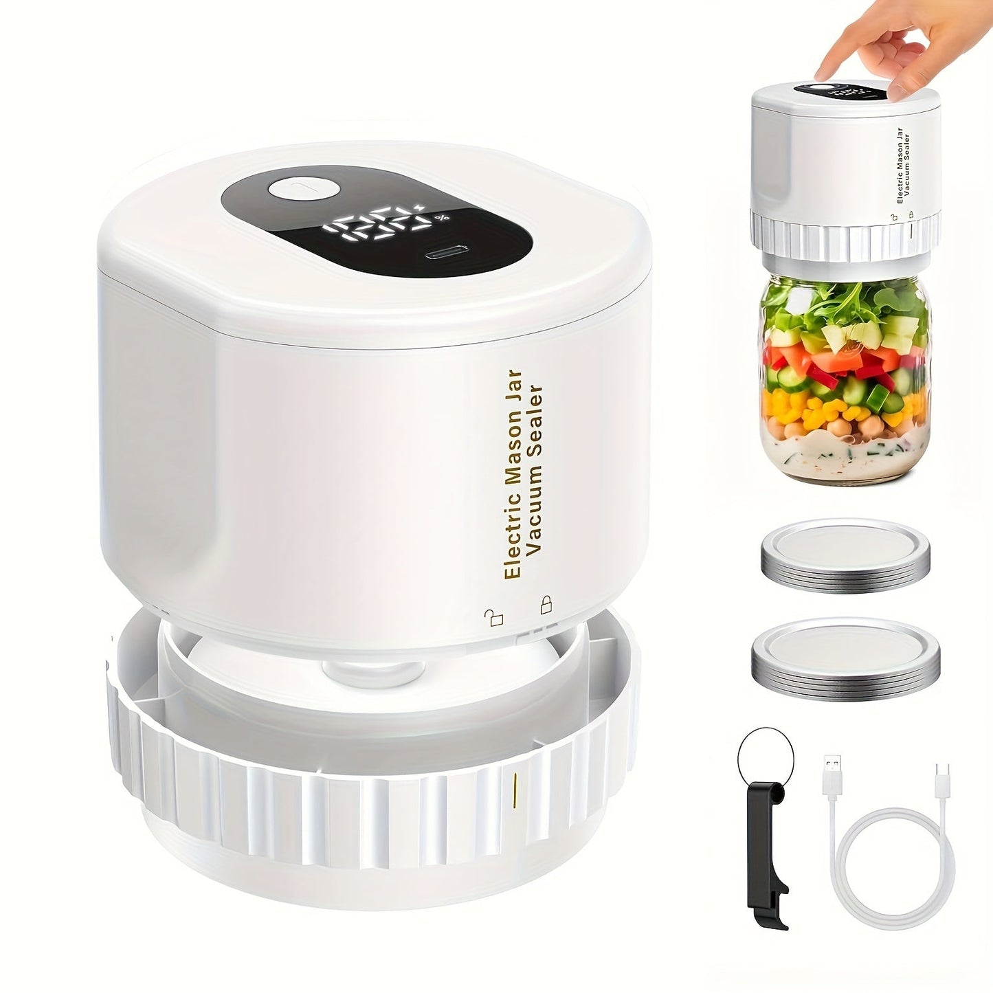 The Cordless USB Rechargeable Electric Mason Jar Vacuum Sealer Set includes a plastic vacuum seal machine with 10 lids. It features a built-in lithium battery with 1200mAh capacity, 5W semi-automatic operation, and is ideal for food preservation and