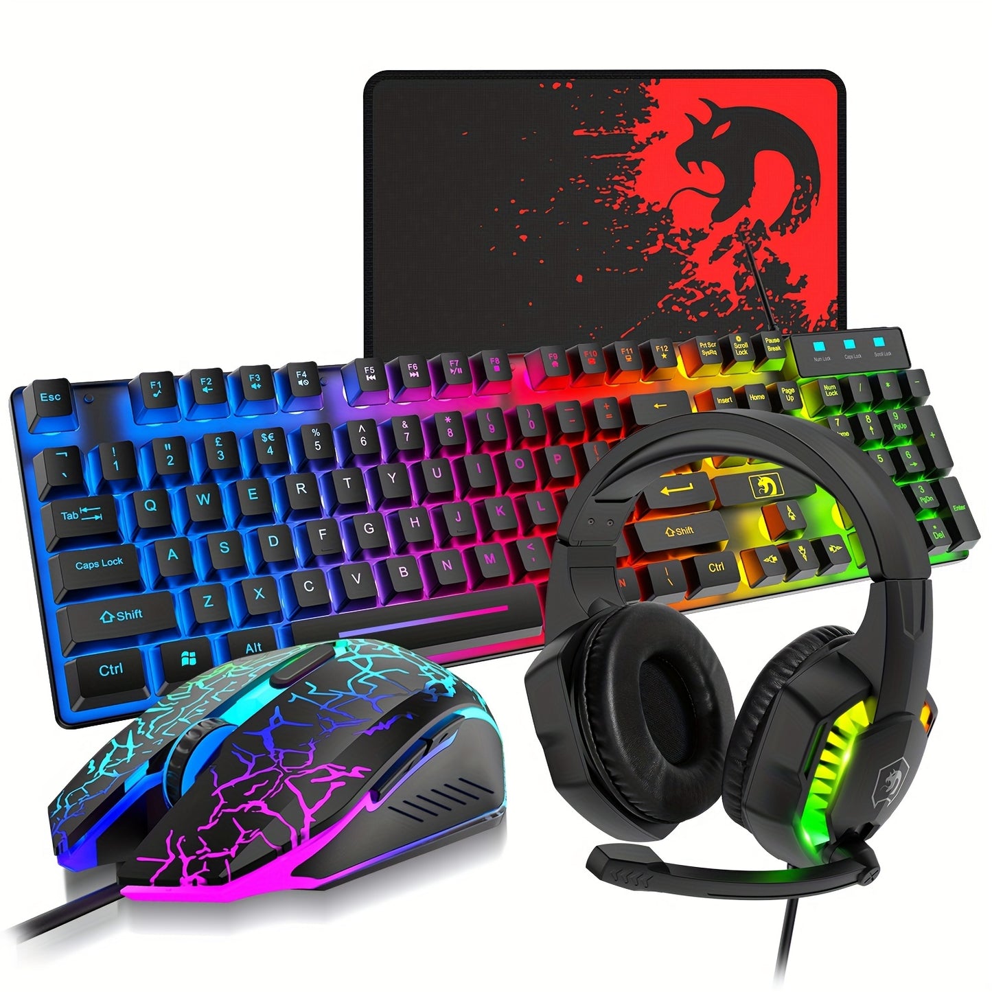 Combo set includes rainbow LED backlit wired gaming keyboard, over ear headphone with mic, rainbow backlit gaming mice, mouse pad for PC, laptop, Mac, PS4, Xbox.