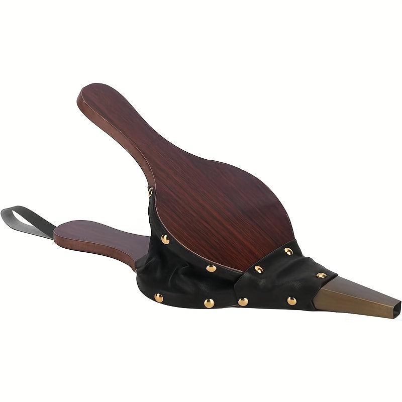 Traditional Wooden Fireplace Bellows featuring Black Faux Leather Accents with Brass Rivets - Handcrafted Blower Tool for Fire Pits, Wood Stoves, and Camping, complete with Hanging Ring